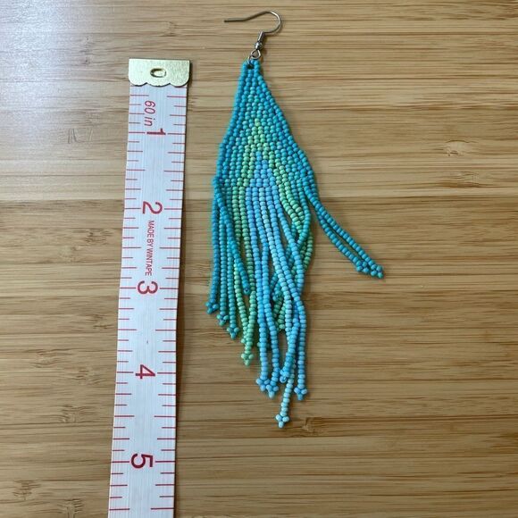 Blue Bohemian Beaded handmade Tassel Pendant Dangle Earrings - Picture 2 of 2